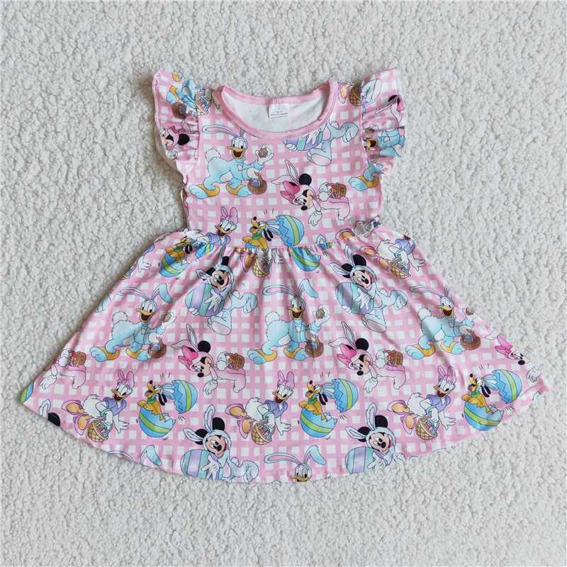 SALES NEW Baby Girls Pink Mouse Flutter Sleeve Dresses Infant Girls Clothing Soft Cotton for Little Girls