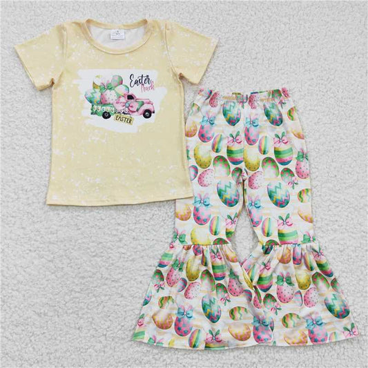 SALES NEW Baby Girls Easter Tractor Eggs Cute Bell Pants Set Infant Outfit Clothing Set