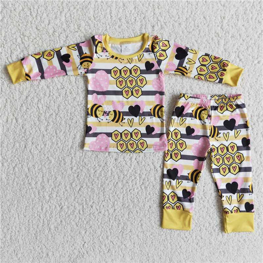 6 C10-36 Baby Girls Bee And Love Heart Long Sleeve Top Pants Valentines Pajama Set