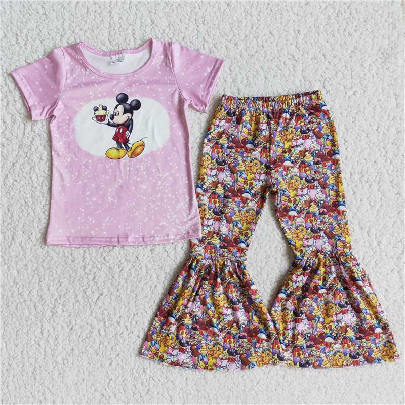 SALES NEW Baby Girls Cartoon Print Bell Bottom Pants Set Pink Colorful Short Sleeve Top And Trousers Outfit for Toddlers