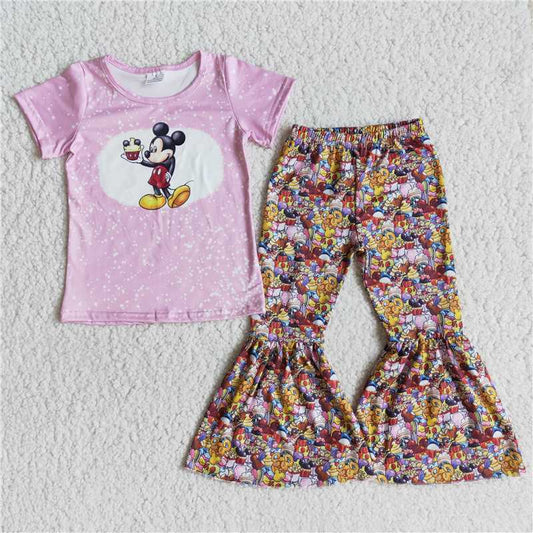 SALES NEW Baby Girls Cartoon Print Bell Bottom Pants Set Pink Colorful Short Sleeve Top And Trousers Outfit for Toddlers