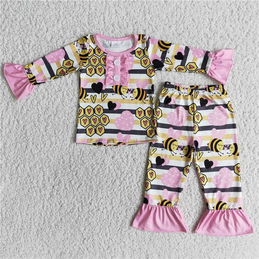 6 A31-2 Baby Girls Bee And Love Heart Long Sleeve Top Pants Pajama Set