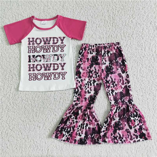 GSPO0018 Howdy pink short sleeve cow print flared pants