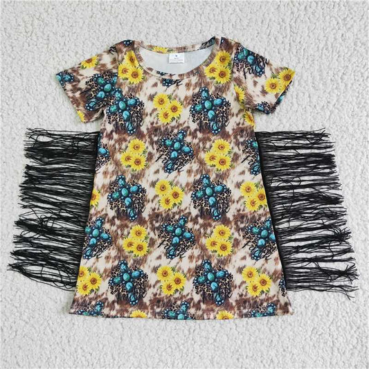 SALES NEW Baby Girls Western Dress with Blue Gemstone And Sunflower Motif Tassel Design
