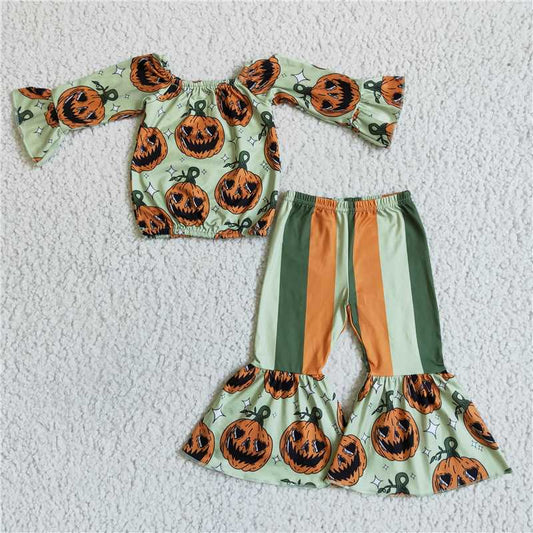 SALES  NEW  Baby girls fall pumpkin halloween off shoulder top bell pants sets