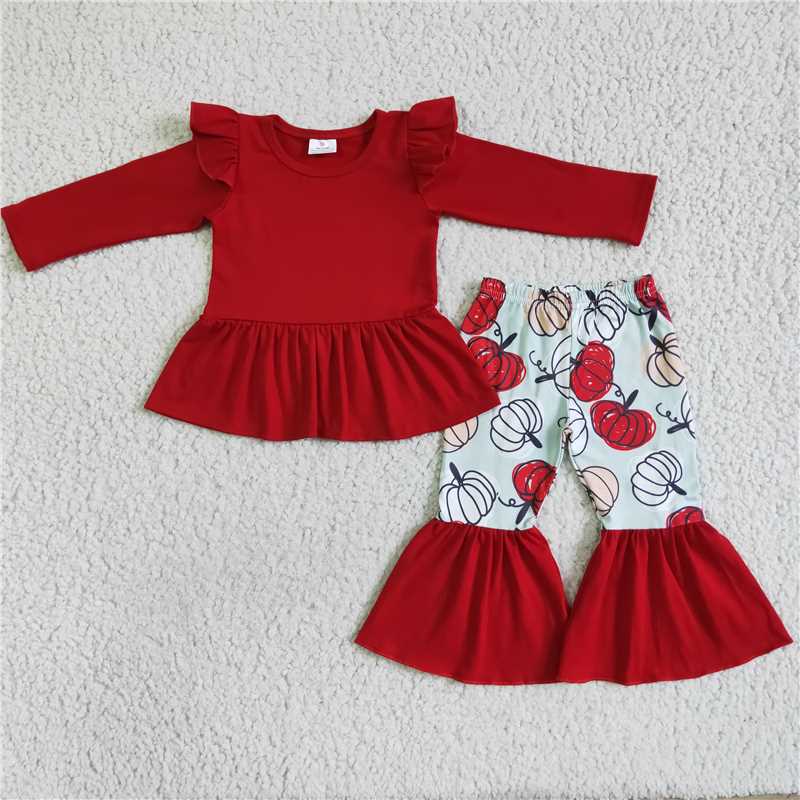 RTS NO MOQ（In Stock)  GLP0039 Girls Red Pumpkin Velvet Long Sleeve Pantsuit