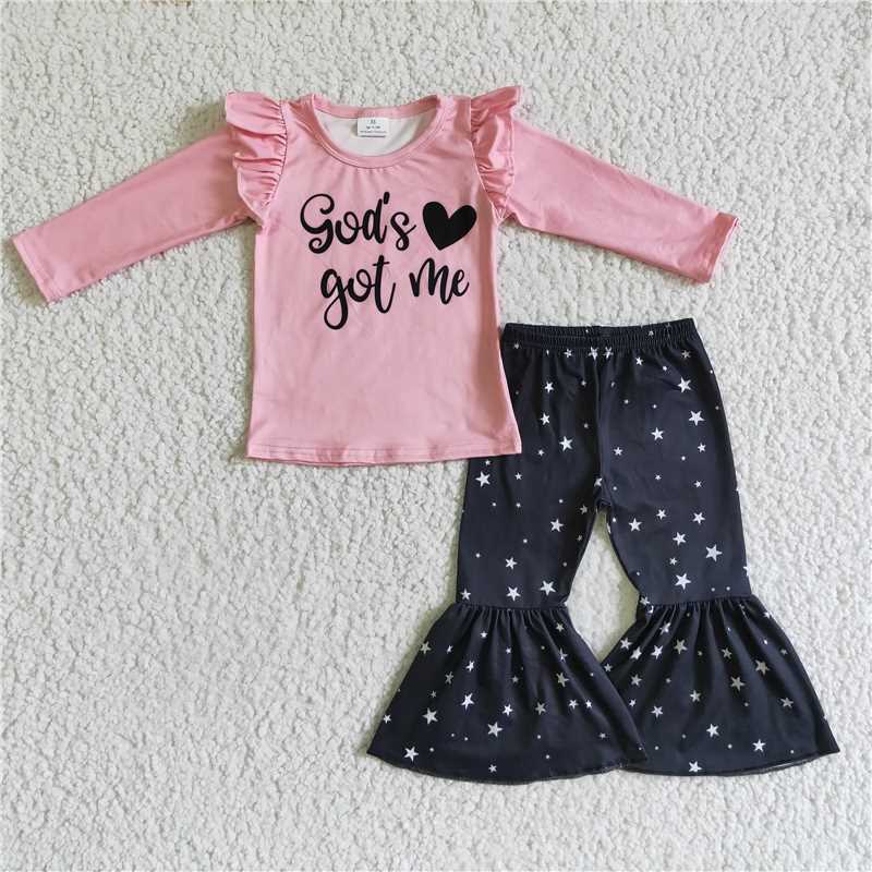 SALES  NEW Baby Girls 'God Got Me' Star Bell Pants Outfit Set Cute Casual Clothing Ensemble for Infants