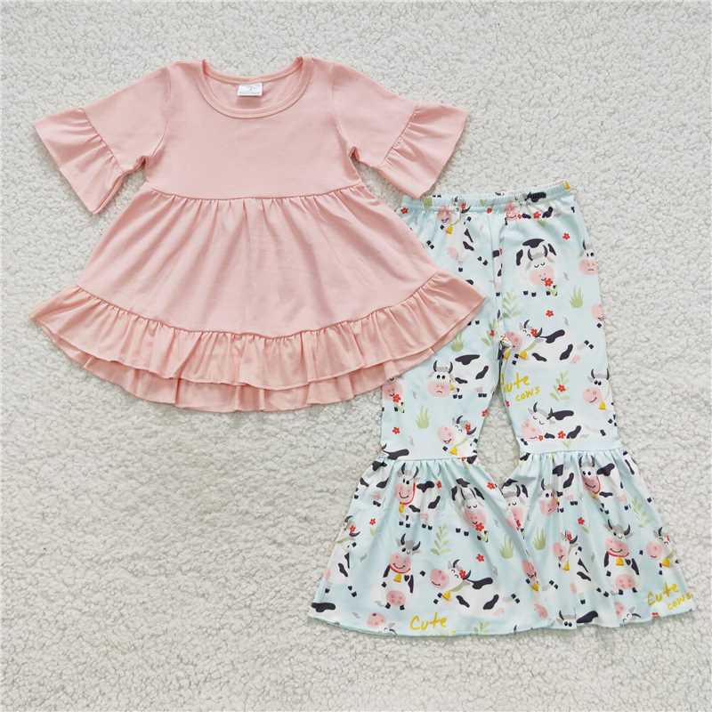 SALES NEW Baby Girls Pink Hi-Low Tunic Cow Bell Pants Outfit Set Cute And Fashionable Clothing Ensemble for Infants