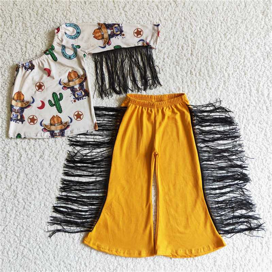 SALES  NEW Baby Girls Cactus Cow Tassel Western Pants Outfit Set Cute Print Clothes Set for Infants