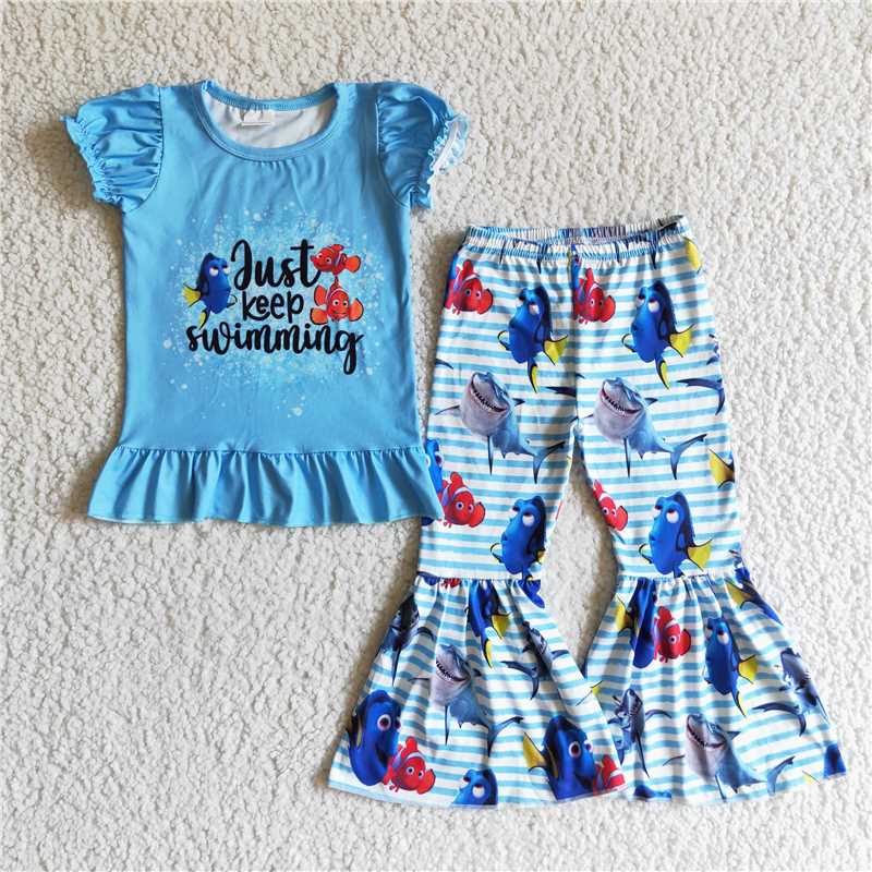 SALES NEW Baby Girls Blue Top with Fish Stripe Bell Pants Cute Outfit Set for Infants