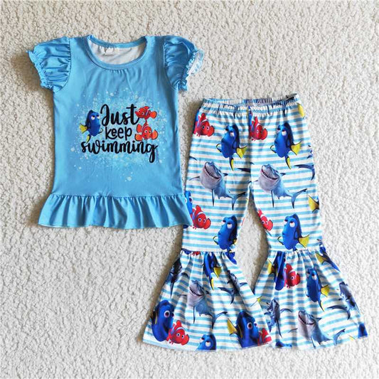 SALES NEW Baby Girls Blue Top with Fish Stripe Bell Pants Cute Outfit Set for Infants