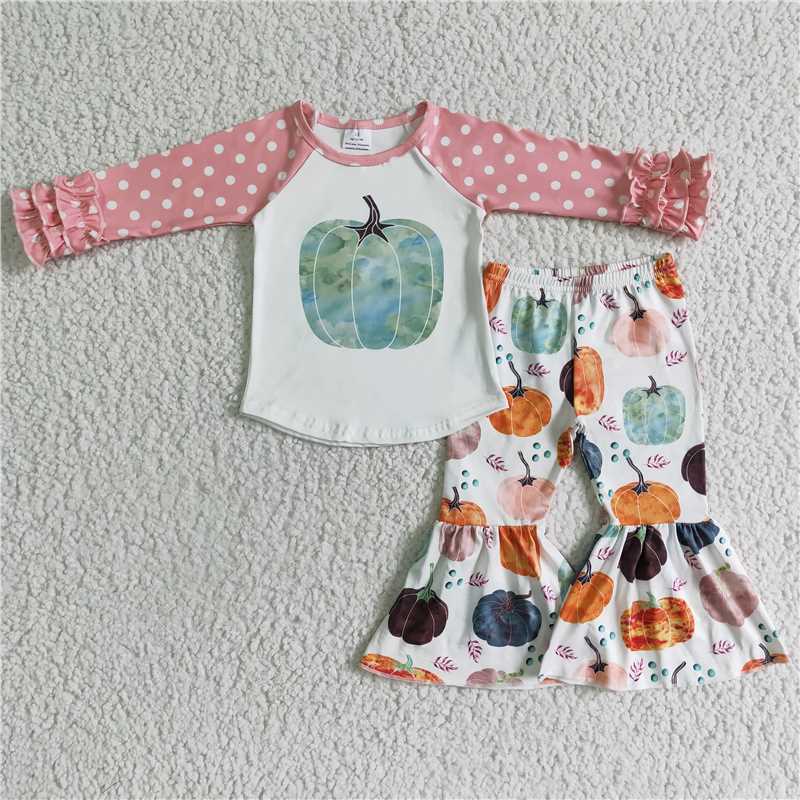 SALES  NEW  Baby Girls fall pumpkin dots long sleeve top bell pants clothes sets