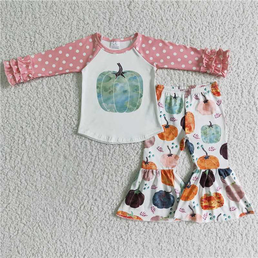 SALES  NEW  Baby Girls fall pumpkin dots long sleeve top bell pants clothes sets