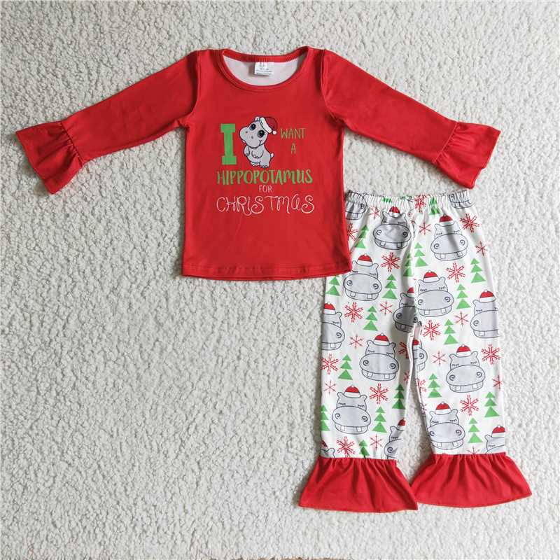 RTS NO MOQ  Christmas Hippo Pattern Long Sleeve Suit & Top & Dress
