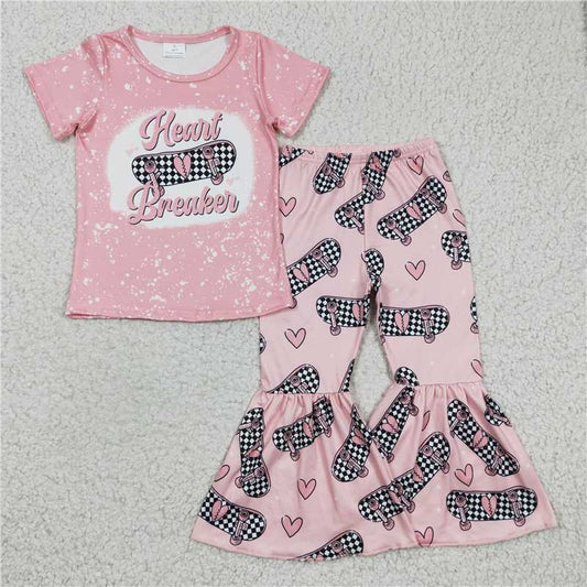 SALES NEW Baby Girls Heart Skateboard Pink Short Sleeve Bell Pants Set Cute And Fashionable Outfit for Little Ones