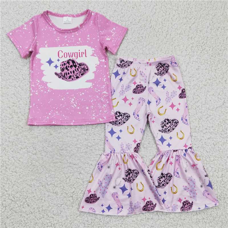 SALES NEW Baby Girls Pink Outfit Set with Top Hat Print Bell Pants Clothing Ensemble for Infants