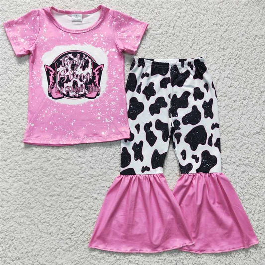 SALES NEW Pink Short Sleeve Western Bell Pants Sets Baby Girls Boots Outfit Toddler Girls Clothing Set