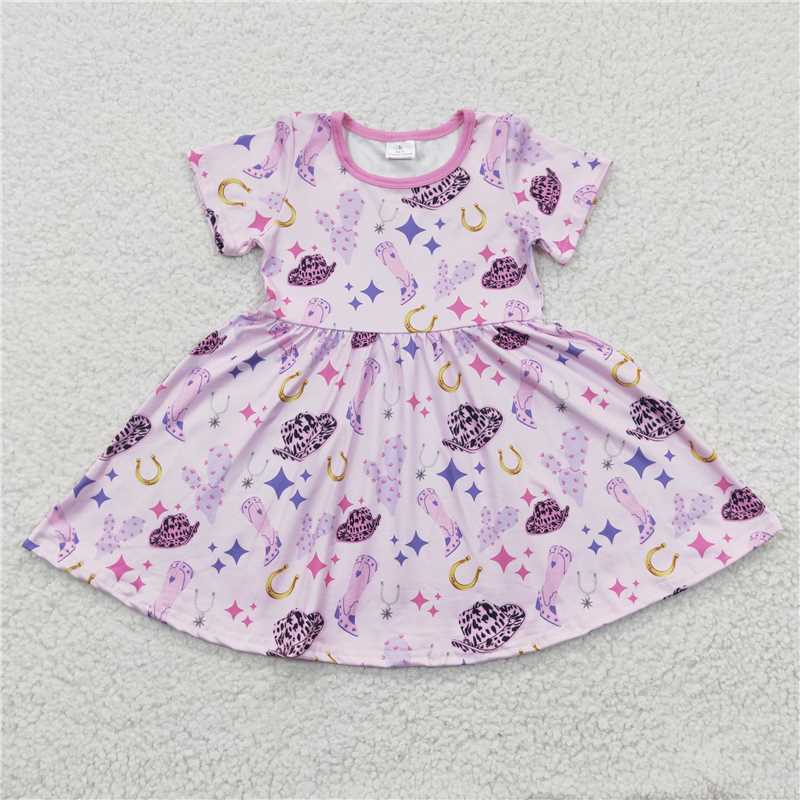 SALES NEW Baby Girls Western Hat Purple Knee-Length Dresses Cute Children's Clothing for Girls