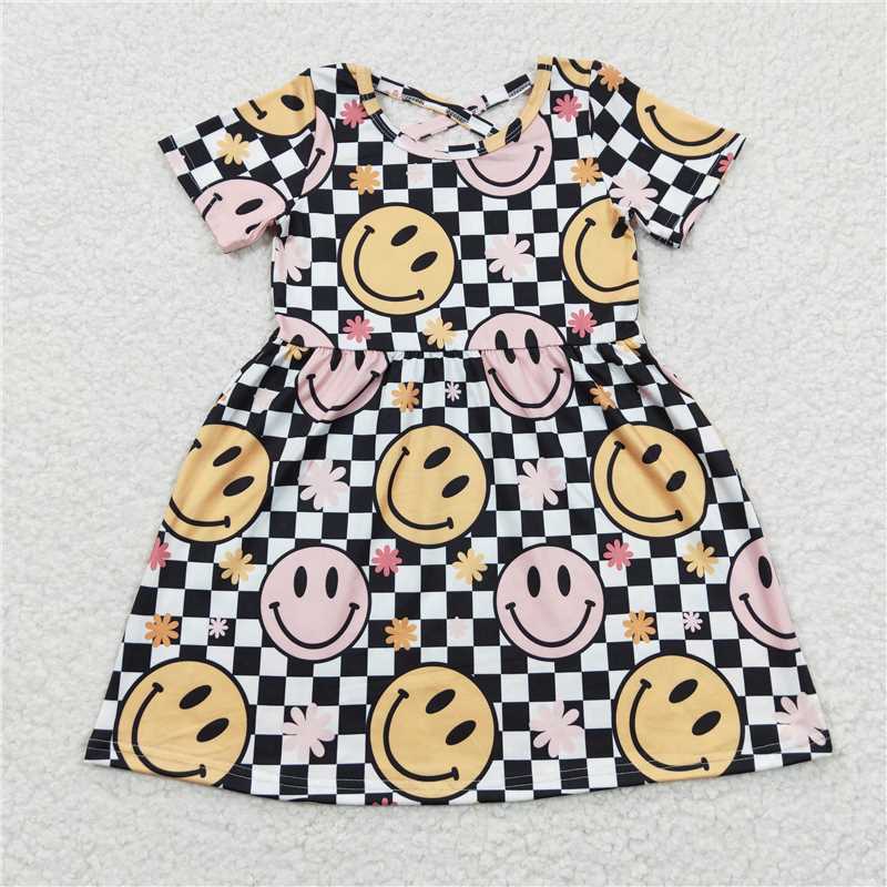 SALES NEW Baby Girls Plaid Knee-Length Dresses Smile Pattern Cute Fashionable Child Clothing