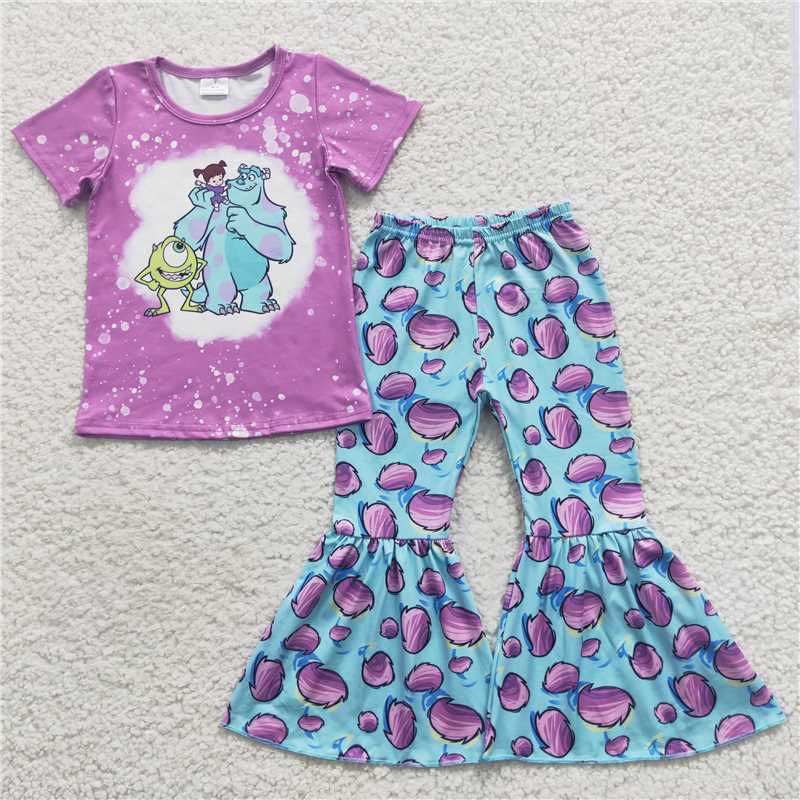 RTS NO MOQ Monsters Academy Printed Long Sleeve Set & Short Sleeve Flared Pants Set