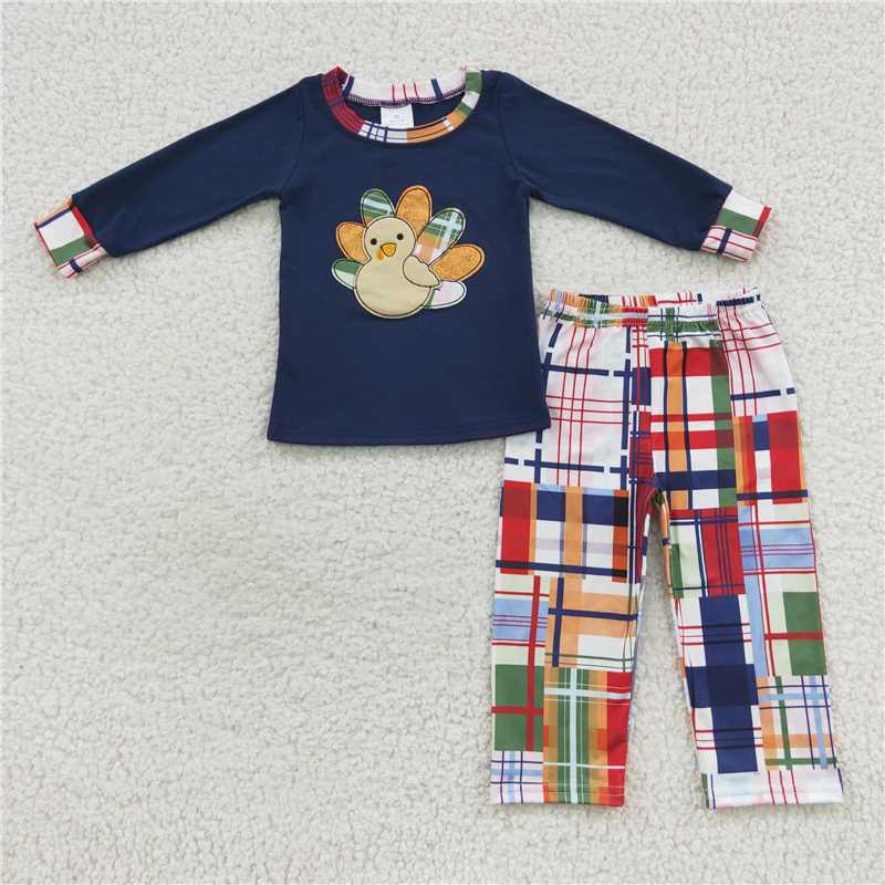 RTS NO MOQ GLP0472 BLP0191 Dark blue long-sleeved suit with embroidered turkey pattern