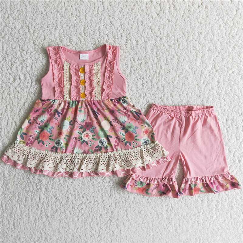 SALES  NEW Baby Girls Pink Flowers Lace Summer Tunic Ruffle Shorts Clothes Sets