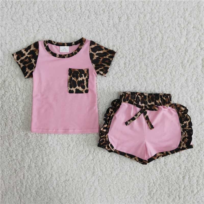 C1-21 SALES  NEW Pink pocket leopard ruffles Shorts sets