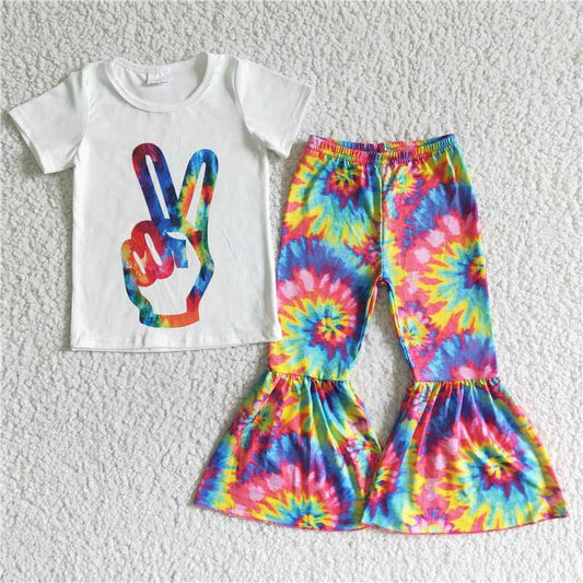 SALES NEW Baby Girl Tie Dye Bell Bottom Set with White Gesture Image Top Infant Outfit Casual Comfortable Clothing for Girls