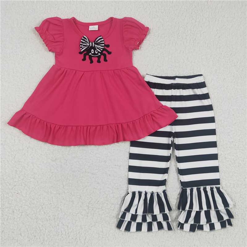SALES NEW Baby Girls Rose Pink Puff Sleeve Top Striped Trouser Set Cute Outfit for Infants Baby Girl's Clothing Set