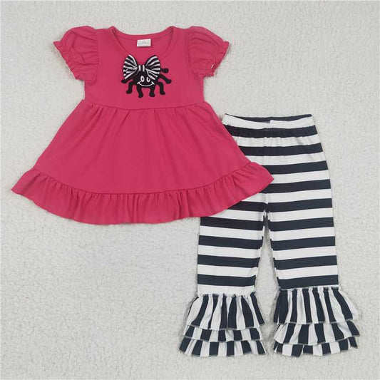 SALES NEW Baby Girls Rose Pink Puff Sleeve Top Striped Trouser Set Cute Outfit for Infants Baby Girl's Clothing Set