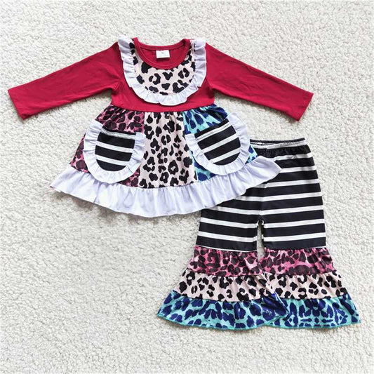 SALES  NEW baby Girls Wine Leopard Print Pocket Bell Bottom Pants Set Cute Infant Outfit Two-Piece Set