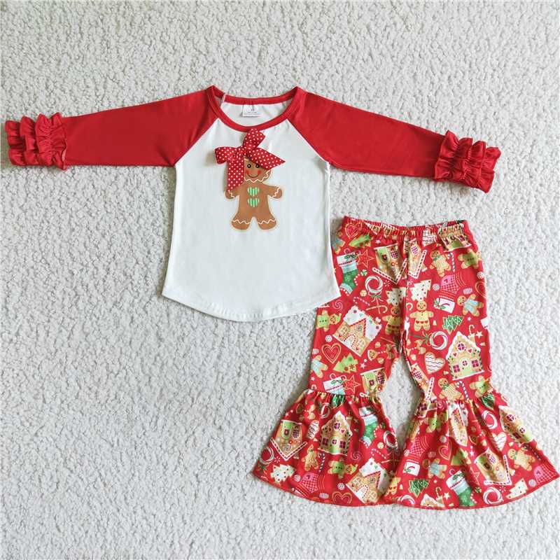 SALES  NEW   Gingerbread Baby girls Christmas red bell bottom pants sets