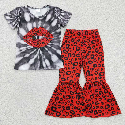 SALES NEW Baby Girls Red Lips Pattern Short Sleeve Leopard Bell Bottoms Suit Cute Fashionable Baby Outfit