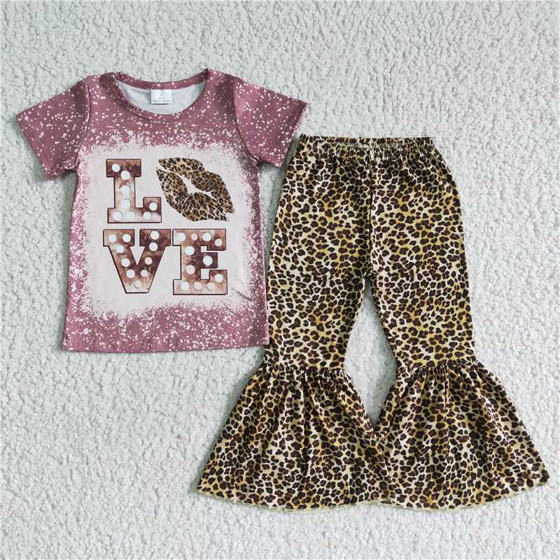SALES NEW Baby Girls Fashion Short Sleeve Leopard Print Bell Bottoms Outfit Set Cute Infant Clothing