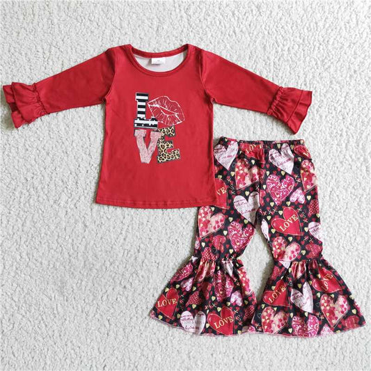 SALES NEW Girls Valentine's Day Outfit Letter Print Top with Heart Motifs Bell Bottom Pants Matching Set