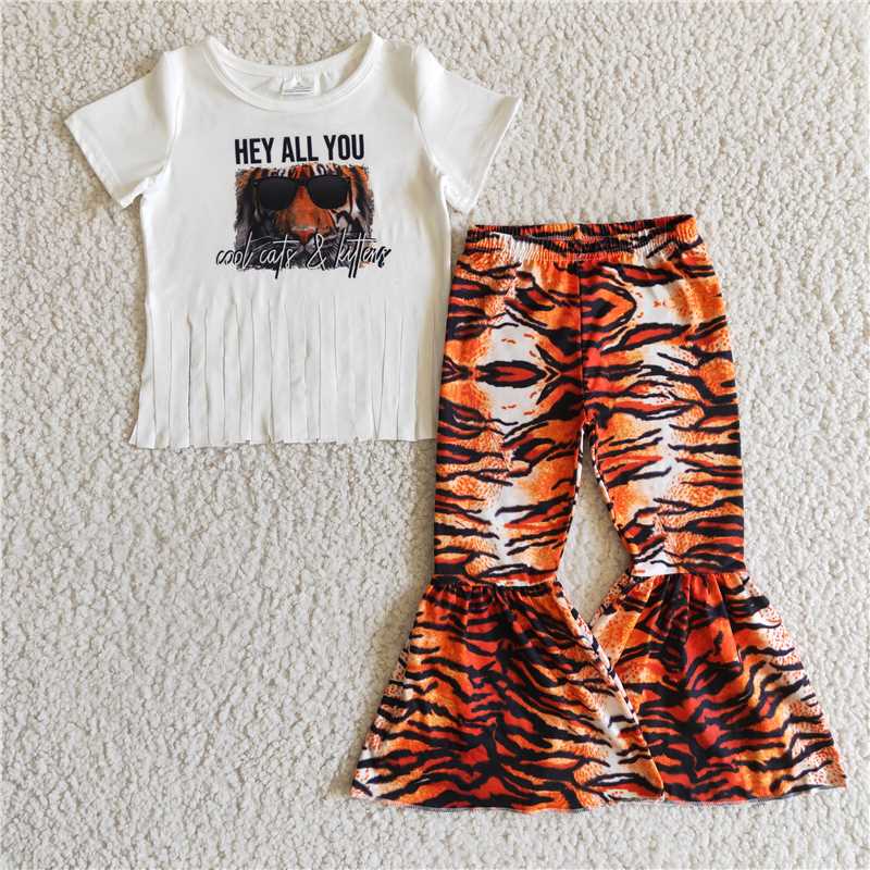 SALES NEW Baby White Tasseled Short-Sleeve Top And Tiger-Print Trousers Set Cute And Fashionable Outfit for Infants