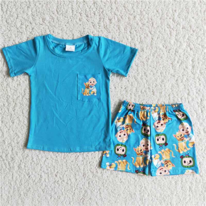SALES NEW Summer short-sleeved shorts blue boy suit