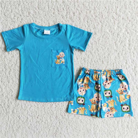 SALES NEW Summer short-sleeved shorts blue boy suit