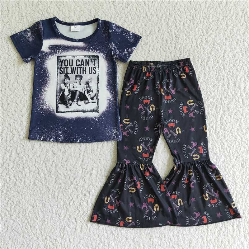 SALES NEW Baby Girl Black Print Short-Sleeve Top And Bell Pants Western Set Cute Casual Outfit for Infants