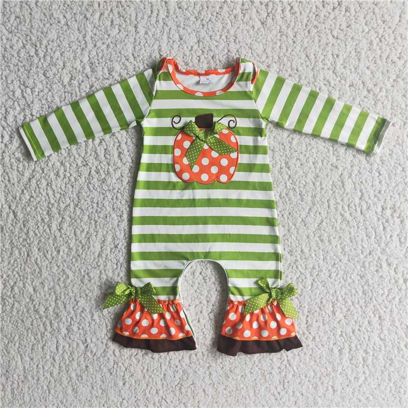 SALES  NEW Baby Girls Pumpkin Green Stripes Embroidered Rompers