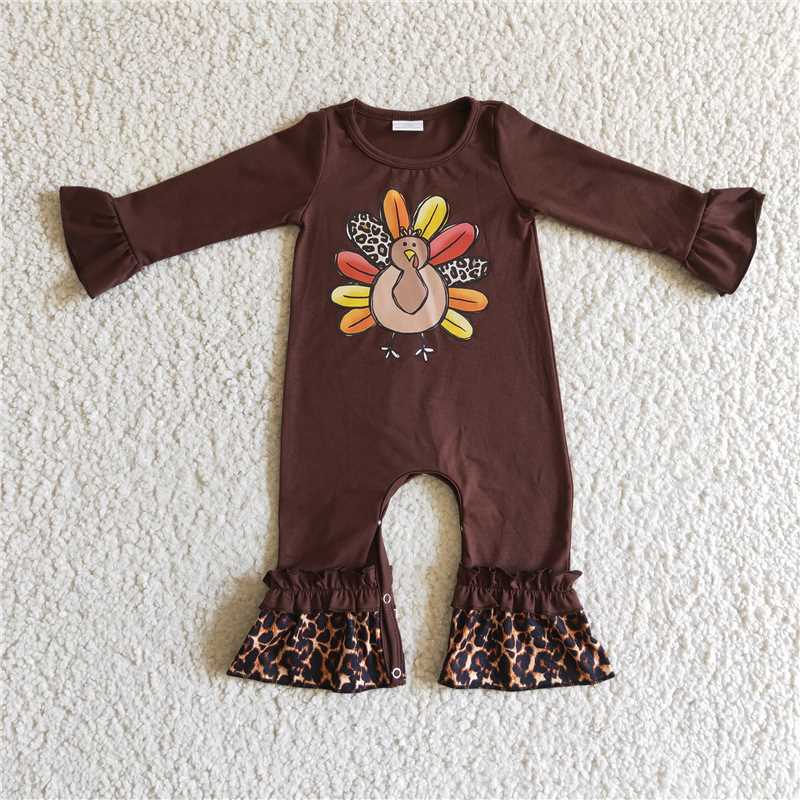 RTS NO MOQ  6 A8-12 6 A2-6 Hot Stamped Turkey Dark Brown Cotton Long Sleeve Suit & Crawling Suit