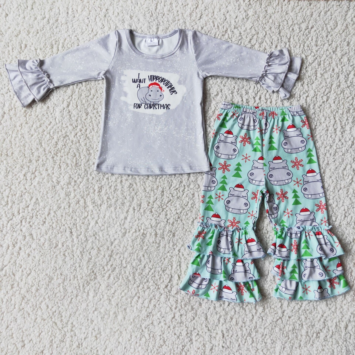 RTS NO MOQ  Christmas Hippo Pattern Long Sleeve Suit & Top & Dress