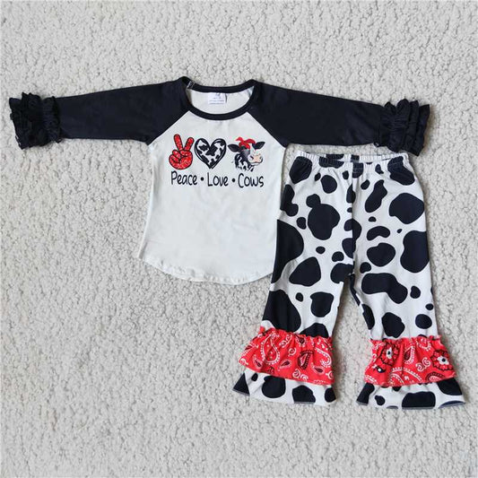6 B12-29 Baby Girls Peace Love Cows Letter Print Long Sleeve Top Ruffle Pants Casual Outfit Set