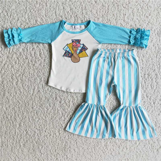 6 A4-16 Baby Girls Turkey Print Long Sleeve Top Stripe Bell Bottom Pants Casual Outfit Set