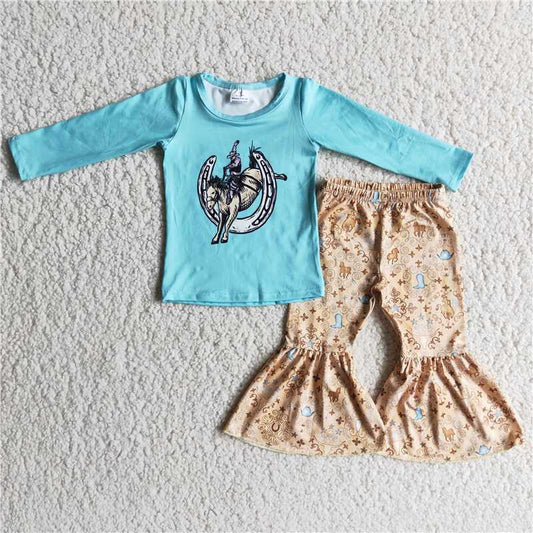 6 A4-3 Baby Girls Print Long Sleeve Top Western Bell Bottom Pants Casual Outfit Set