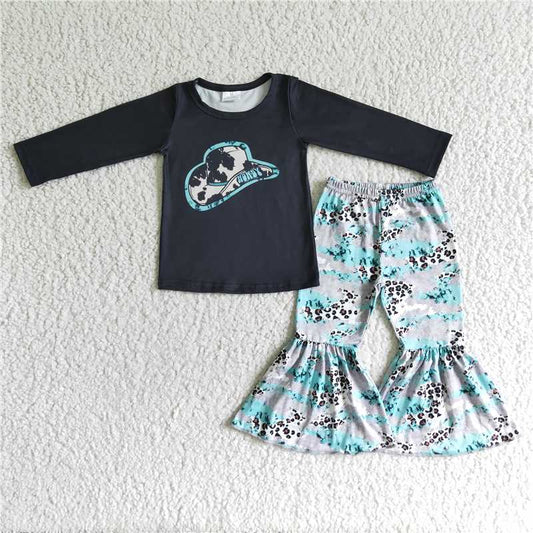 6 C9-34 Baby Girls Cow Hat Print Solid Black Long Sleeve Top Flared Bell Bottom Pants Two Piece Western Farm Casual Outfit Set