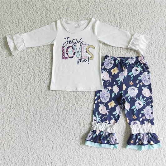 6 A7-12 Kids Girls Letter Print Long Sleeve Top Floral Print Pants Set