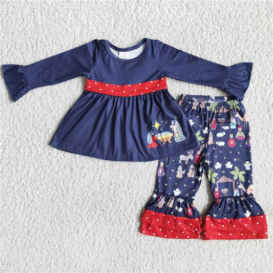 SALES  NEW Girls Nativity Navy Ruffle Pants Sets - Cute And Stylish Outfit for Little Girls