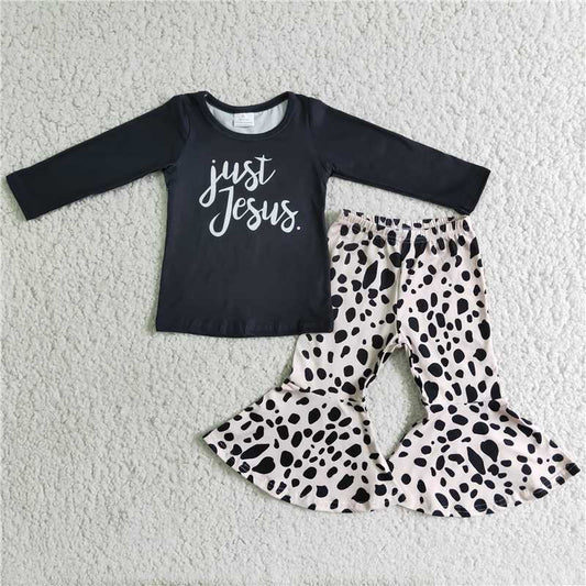 6 B6-2 Baby Girls Letter Print Solid Black Long Sleeve Top Elastic Waist Leopard Pants Set