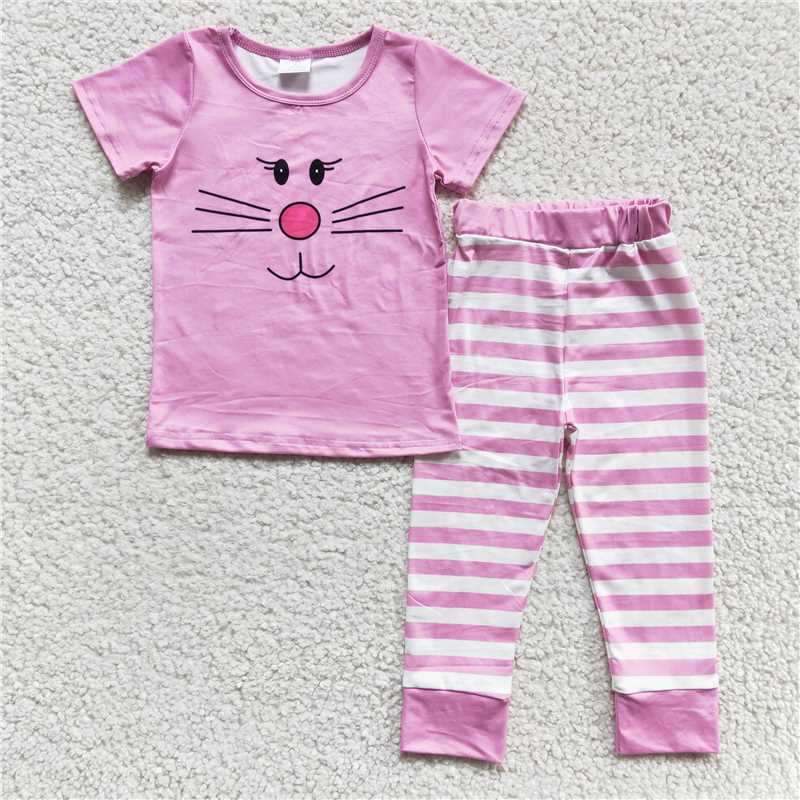 SALES NEW Easter Girls Bunny Face Short Sleeve Pajama Set with Stripe Pants - Cute And Comfortable Sleepwear for Spring